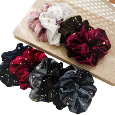 Gold Velvet Gilded Hair Scrunchie with Simple Golden Stars Korean Velvet Plush Scrunchie Hair Tie Hair Hoop for Women