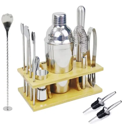 Wuyi Camol Eco-Friendly Mirror Polished 14-Piece Cocktail Shaker Set with Shaker to Spoons & Wooden Stand-LFGB Certified Barware