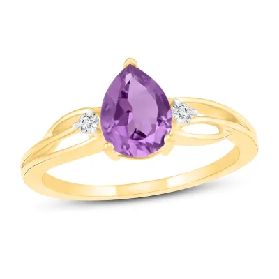Antique Amethyst With Diamond Amethyst Crystal Birthstone Water Drop Shape 14K Gold Amethyst Rings