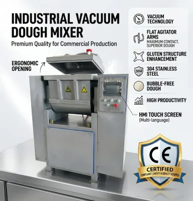 Industrial Vacuum Dough Mixer with PLC Control Hydraulic Bow Tilting for Bakery and Food Processing