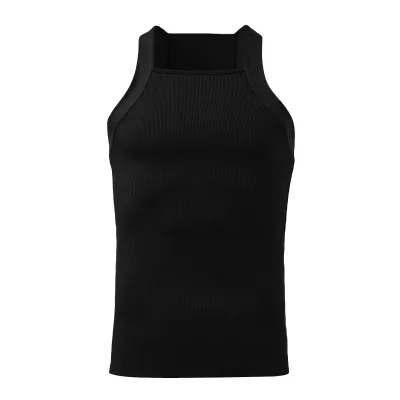 Custom Men Tank Tops square Neck Sleeveless Solid Color Summer Casual Vests Fitness Hollow Streetwear Rib Men Vest Tank Tops