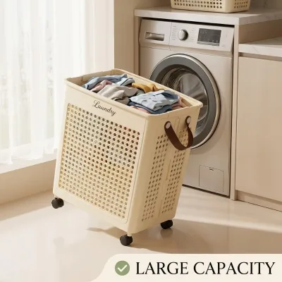 WONFUN Bathroom Breathable Laundry Basket with Universal Wheels Collapsible Dirty Clothes Storage