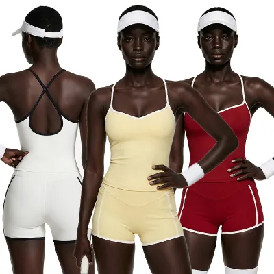 Womens Workout Gym Tank Top Contrast Trim Color Blocking Fitness Outfits 2 Piece Athletic Shorts Yoga Set