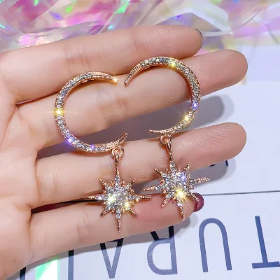 Fashion Luxury Crystal Rhinestone Stars Moon Asymmetrical Shape Earrings S925 Needle Jewelry