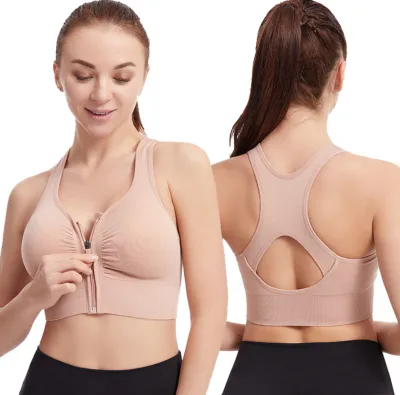 Wireless Seamless Push-up Bra,Front Closure Zippers, Back Hollow Cross Straps Design, Shock-resistant for Running Sport Gym