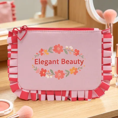 Elegant Floral Print Cosmetic Bag with Ruffled Trim Heart Zipper Pull Cotton Makeup Organizer Clutch for Travel and Events