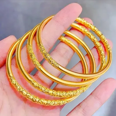 Gold Bauhinia Flower Curly Grass Pattern Bracelet Solid Plain Ring Gold Lucky Bracelet Inheriting Thick Fine Bangles