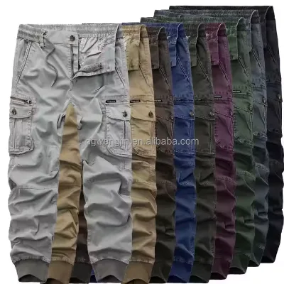 New European and American Men's Work Pants with Drawstring Elastic Waist Cordura Breathable Work Pants Button Decoration