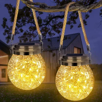 Waterproof Patio Garden Lanterns , Warm Crack Glass Bottle Solar Jar Light