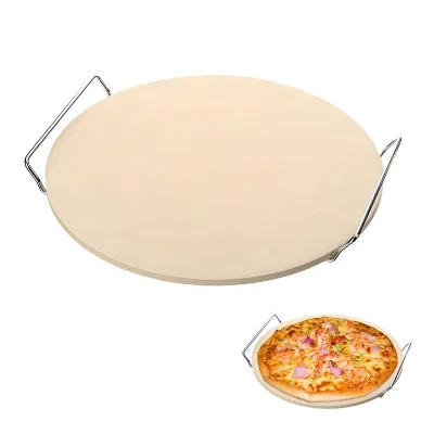 BBQ Cordierite Round Pizza Stone Heat Resistant Pizza Baking Stone for Grill With Metal Handles