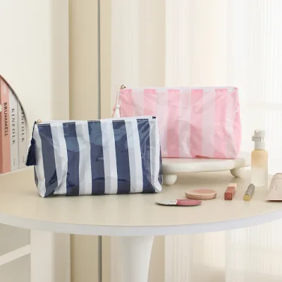 Fashion Compact PVC Striped Makeup Bag  Lightweight Cosmetic Pouch for Weekend Trips