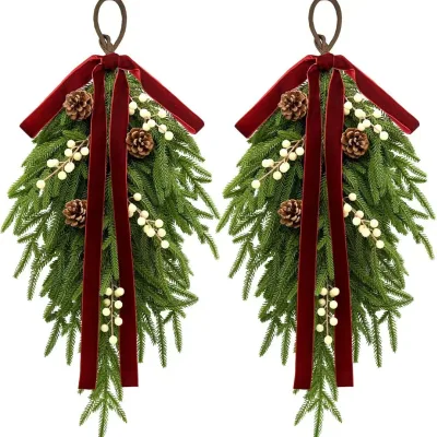 Artificial Velvet Bow Teardrop Christmas Tree Pine Leave with Berry Pine Cone for Holiday Front Door Wall Hanging Garland Decor