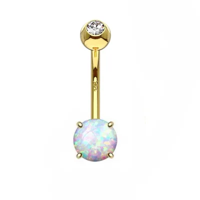 Eternal Metal  14K Solid White Gold Round Opal Belly Button Ring