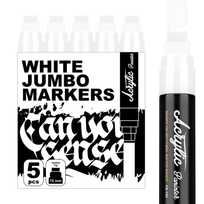 5 Pack White 15mm Tip  Acrylic Paint Markers for Windows, Glass, Metal Surfaces