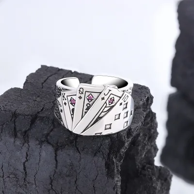 Vintage Punk Retro Opening Adjustable Size Poker Ring Hip Hop Fashion Copper Magician Playing Card Ring for Men