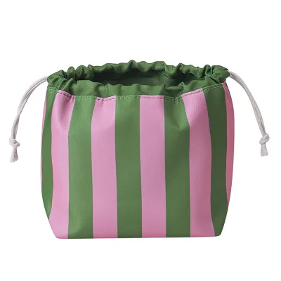 Wholesale Custom Logo Striped Drawstring Cosmetic Bag Waterproof Satin Portable Drawstring Closure Travel Makeup Pouch