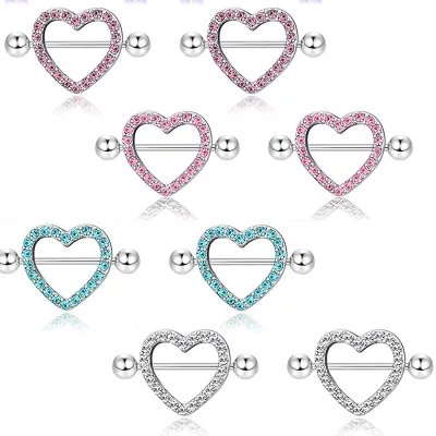 Wholesale Factory Directly Body Piercing Jewelry Double Layers pink Blue Zirconia Stainless Steel Heart Nipple Barbells Rings