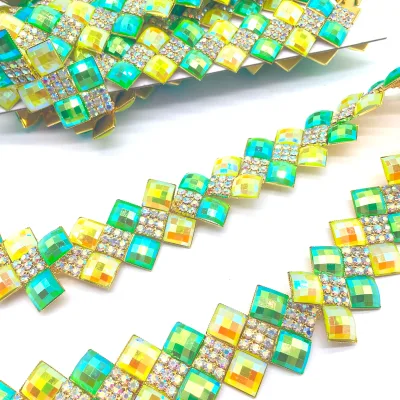 Customizable Size DIY AB Rhinestone Chains in Green & Yellow Made From Acrylic for Shoe Garment Bag Carnival Costume Trimming