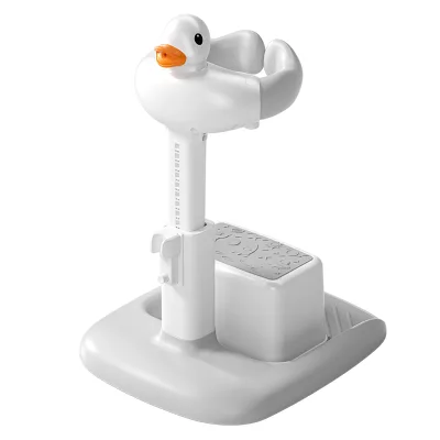 Adjustable Height Children's Standing Bath Rack with Stool and Sound-Making Duck Toy Safe Fun Baby Bathing Helper