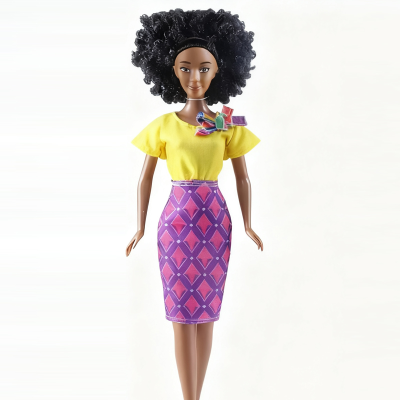 Black doll set-black doll with yellow tight top+purple slim fit A-line skirt with blue handbag & afro hair doll