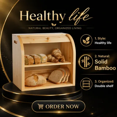 Double Layer Bamboo Bread Box with Roll Top High Quality Bread Container for Bakery Home Farmhouse Style Food Storage Bin