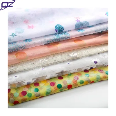 Luxury Shiny Polyester Gold Flocking Net Mesh Cartoon Cute Tulle Stars Knitted Fabric for Kids Dress