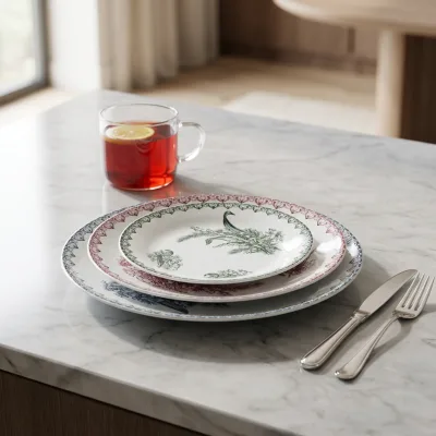 Wholesale Ceramic Pig Relief Dinner Plate Set British Retro Tulip Porcelain Dinnerware with Plant Pattern for Hotel Steak