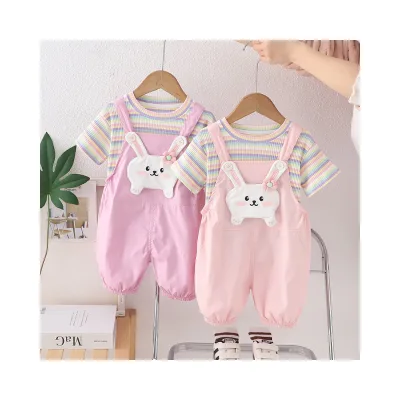 Children's Cartoon Color Strip Cute Rabbit Back with Summer Short Sleeve Striped Clothes for Girls Summer Set