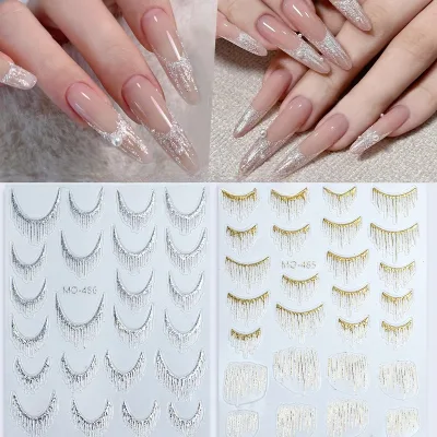 2025 New Laser Gold Embossed Tassel Nail Stickers Silver French Wearable Plastic Nail Art Hot Sale