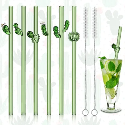 2024 New Design 8mm*7.9inch Cartoon Cactus Reusable Easy to Clean Glass Straw