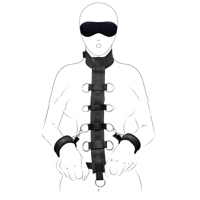 Behind Back Strap Blindfold  With Neck to Wrist Restraint Handcuffed Bondage Slave Game Couple Adult Products