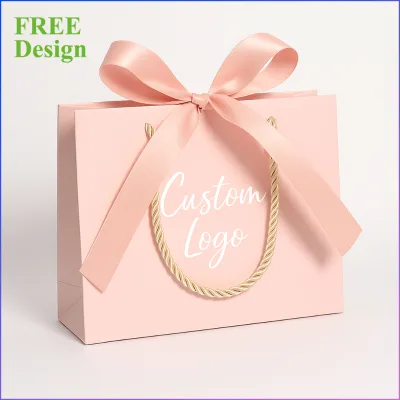 Custom Printed Luxury Ribbon Paper Bags with Handles for Jewelry Cosmetics Gift Packaging