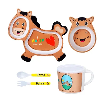 Set of 5 Pcs Dinnerware Plate Cute Animal Design Children Tableware Bamboo Fiber Kid Dinner Set