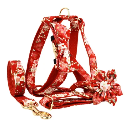 Wholesale Japanese Style Red Floral Dog Collar Leash Set Alloy Snap Buckle Floral Bow Blossom Customizable Pet Accessories OEM