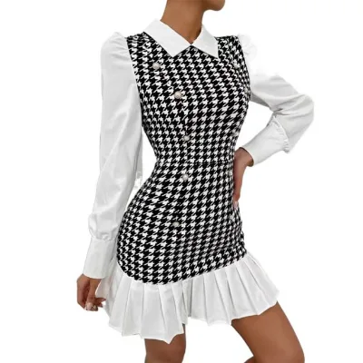 2022 New Plover Plover Sleeve Button Pleated Hem Career Dress for Women