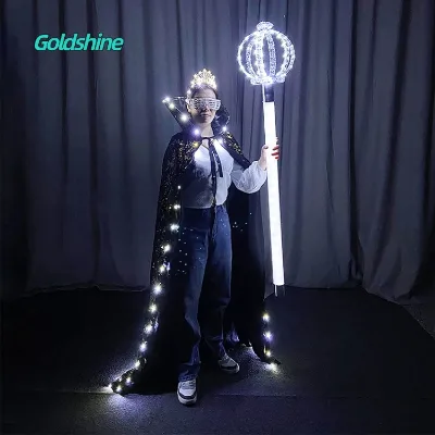 LED Crown Scepter & Robe Set Glowing Royal Princess Cape Cosplay Costume for Halloween Christmas & New Year for Fancy Dress