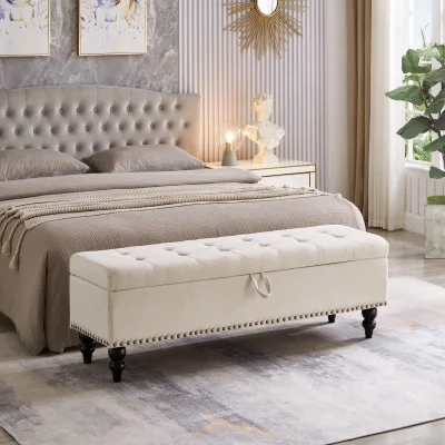 Luxury Tufted Storage Bench Ottoman Extra Large Storage Upholstered Bed End Bench Nailhead Trim Modern Bedroom Entryway Shoe