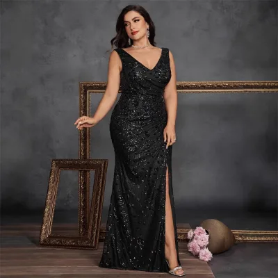 Plus Size Elegant Mermaid Evening Dress for Women Sexy Slit with Sequin Sleeves Floor-Length Satin Party Dress Lace Decoration
