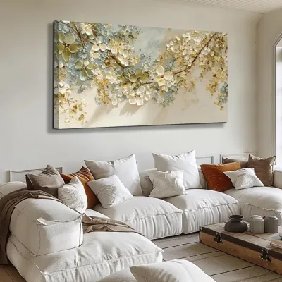 Textured Flower Wall Art 3D White Oil Painting on Canvas Hand-Painted Gold Abstract Blossom Wabi-Sabi Palette Knife Decor