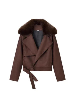2025 Fashion Trend Charming Large Fur Collar Short Women's Autumn Retro Motorcycle Thickened Fleece Lined Breathable Casual Belt