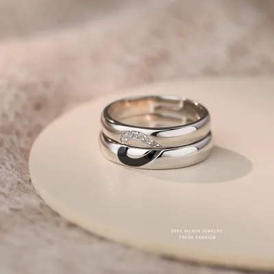 Korean Style Fashionable Heart to Heart Couple Rings S925 Sterling Silver Versatile Unique Design Sense Open Adjustable Ring Men