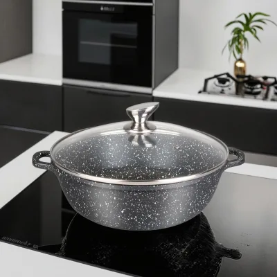 32cm Non-Stick Casserole for Induction Cooker Classic Metal Design with Marble Coating and Glass Lid