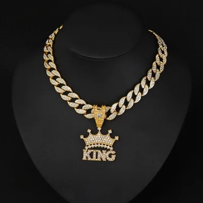 Letters KING Alloy Pendant with Rhinestones Full of Diamonds Cuban Chain ROPE CHAIN Men's Necklace Jewelry Women's Gifts