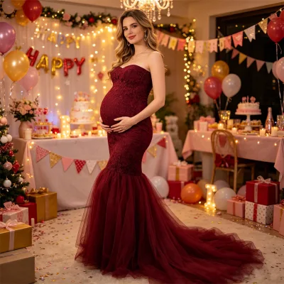 Slim Sheer Maternity Evening Dress with Square Neckline Bodycon Mesh Overlay Stretch Polyester Floor Length Gown