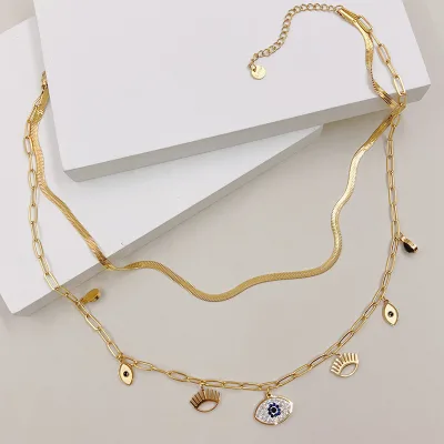 New Arrival Snake Bone Chain Demon Eye Charm Necklace Stainless Steel Double Layer Multi Evil Eyes Necklace