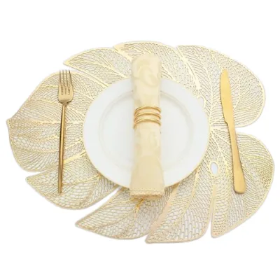 ELECDON Gold Leaf Shaped Vinyl Placemats Dinner Table Set 6 Wipeable Hand Wash Wedding Anniversary Party Decoration (45x35cm)