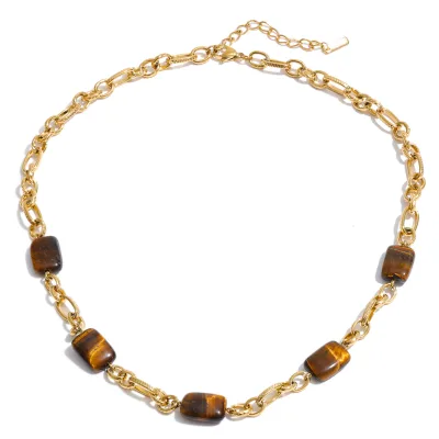 Vintage Natural Tiger Eye Stone Necklace Stainless Steel 18K Gold Plated Geometric Square Stone Choker Necklace