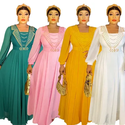 2023 Plus Size Long Casual Chiffon Caftan Dress Asymmetrical Neckline Dropped Waistline Zipper Decoration Floor-Length Turkey