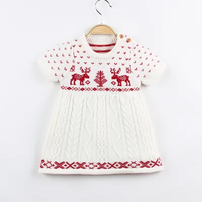 Wholesale Christmas Elk Knitting Sweater Dresses Short Sleeve Baby Girl Dresses