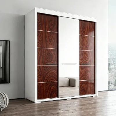 Top Grade Vintage Dark Wood Grain 3 Sliding Mirror Wardrobe Storage Furniture for Home Boutique Hotel